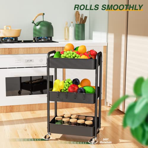 LEHOM 3 Tier Rolling Storage Cart, Metal Trolley Utility Cart with Wheels & Hooks, Easy Assembly Organizer Storage Cart for Bathroom Kitchen Office Bedroom - color: Black