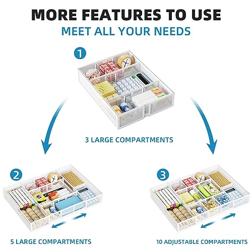 Marbrasse Expandable Desk Drawer Organizer, Mesh Drawer Organizer Tray with 10 Adjustable Compartments, Desk Organizers and Accessories for Office Supplies, Makeup & Vanity (Expandable White-2 pack) - color: White-2P