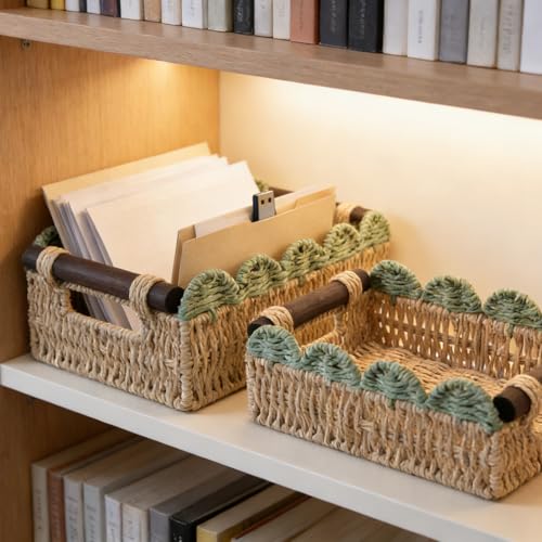 Wicker Basket with Built-in Handles, Small Scalloped Basket for Organizing, Set of 2 Decorative Baskets for Home and Toilet Paper Storage（Beige+Green） - color: Beige+Green