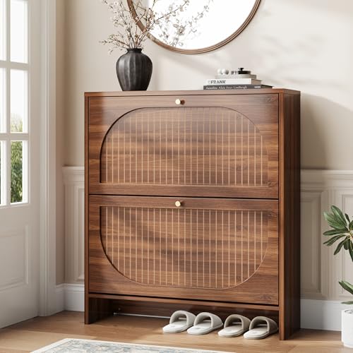 Nicetree Arch-Chic Shoe Cabinet for Entryway, Modern Mid-Century Shoe Storage Cabinet with Fluted, Narrow Shoe Rack with Adjustable Shelves & Tipping Protection, Fits Size 12 Shoes,Luminous Walnut - color: Luminous Walnut, style: 2 Flip Drawer - Fluted Ar