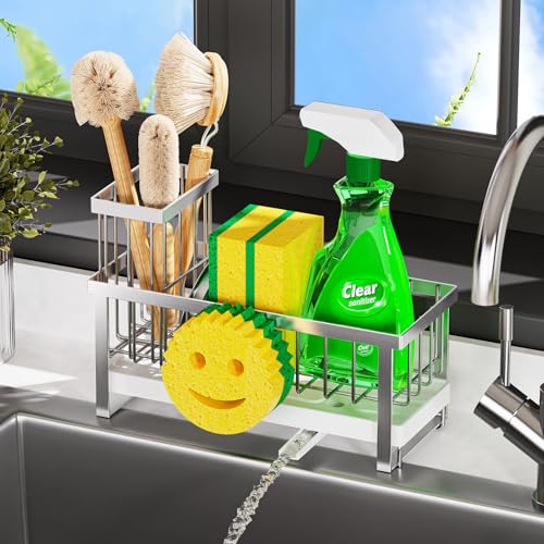 Sponge Holder for Kitchen Sink,Sink Caddy with Removable Dish Brush Holder,Self-Draining Kitchen Countertop Organizers and Storage Essentials,Soap Dispenser Organize and Home Decor-Silver - color: 1 Tier Silver-Tray