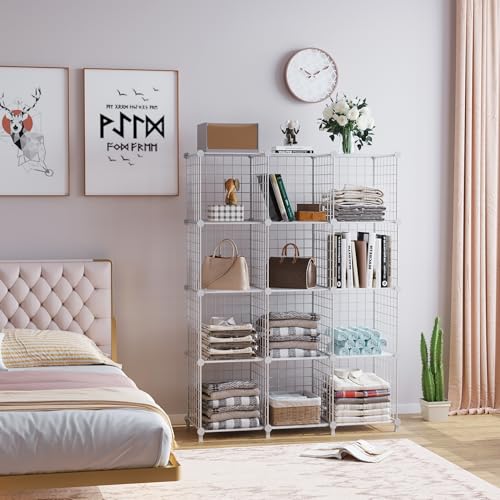 AWTATOS 12 Cube Storage Wire Closet Organizers DIY Stackable Storage Shelves Bookcase Cabinet for Home Office, White - color: White+translucent, size: 12 Cube(30x30cm)
