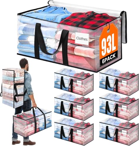 BlissTotes 6-Pack Large Moving Bags with Backpack Straps & Strong Zippers, Heavy-Duty Storage Bags Moving Boxes for Space Saving, Dorms, Transport, 93L-25 Gallons, Clear - size: 25 Gallons