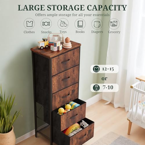 Nightstand, 5 Drawer Dresser End Table Bedside Furniture with Wooden Top Steel Frame Fabric Bins for Bedroom, Closet, Entryway, Dorm, Living Room, Brown - color: Brown, size: 11.8"D x 15.8"W x 47.8"H (5 Drawers)
