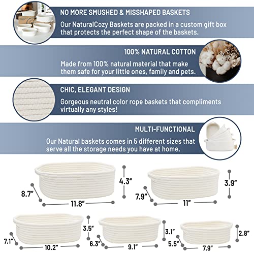 NaturalCozy 5-Piece Rectangle Storage Basket Set- Natural Cotton Rope Woven for Organizing! Small Basket for Montessori, Baby Nursery, Dog Toy Baskets, Cat Toy Box, Bathroom Organization Bin - color: Off White