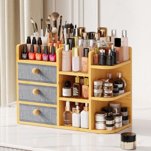 Large Makeup Organizer For Vanity, Large Capacity 3 Tiers Bamboo Bathroom Counter Organizers and Storage, Countertop Makeup Brush Holder, Nail Polish Perfume Stand with 3 Drawers and 10 Compartments - color: Natural Bamboo
