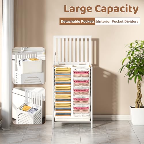 FILWH Laundry Hamper with Lid (16.9 * 13 * 26.5inches) Large Bamboo Laundry Bin Basket 85L Clothes Hamper with 1 Removable Bag Storage baskets for Bathroom (White) - color: White