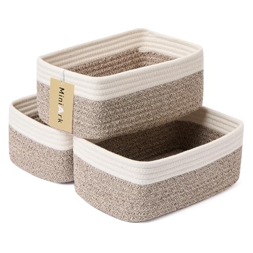 MiniArk Small Storage Baskets for Organizing | Closet Organizer Bins | Shelf Toy Basket | Woven Rope Baskets | Cube Decorative Box | Shallow Basket | 11.5x7.5x4.7” | 3 Packs White Brown - color: Off White/Brown, size: 3pcs-L11.5xW7.5xH4.7"
