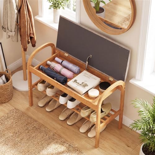 Giantex Shoe Bench with Flip-Top Storage, Bamboo 2-Tier Entryway Bench with Padded Cushion, Shoe Rack Bench for Hallway, Closet, Foyer, Living Room, Bedroom, Mudroom (with Flip-Top Storage) - size: 12.5"D x 27.5"W x 20"H（With Flip-Top Storage）