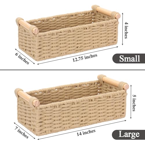 Boho Cotton Rope Storage Baskets Set of 2, Woven Wicker Organizer Bins with Wooden Handles, Small Decorative Boxes for Organizing, Toilet Paper Baskets for Bathroom Countertop, Shelves (Brown 2 Pack) - color: Brown 2 Pack