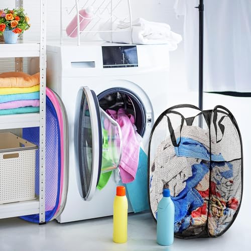 Collapsible Pop Up Laundry Hamper, Extra Large Mesh Foldable Laundry Basket Bag, 28" x 16" x 16", 4 Pack (Black + Pink + Grey + Blue) - color: Black+Pink+Grey+Blue