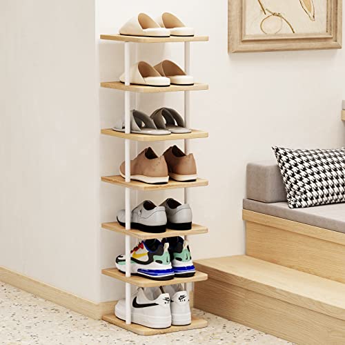 AZERPIAN Shoe Rack 7 Tier Vertical Storage Organizer Narrow Metal Slim Shelf Modern Free Standing Shoe Tower Saving Space for Closet Entryway Bedroom,White - color: White+sonoma Oak, size: 7 Tier