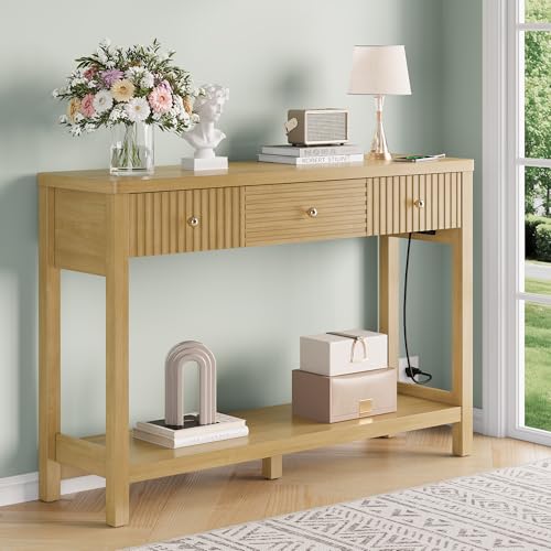 47 Inch Fluted Console Table with Outlets and USB-C Port, Mid Century Modern Sofa Table with 3 Drawers and Open Shelf, Entryway Table with Charging Station for Behind Couch, Hallway, Foyer, Oak - color: Natural Oak