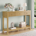 47 Inch Fluted Console Table with Outlets and USB-C Port, Mid Century Modern Sofa Table with 3 Drawers and Open Shelf, Entryway Table with Charging Station for Behind Couch, Hallway, Foyer, Oak - color: Natural Oak