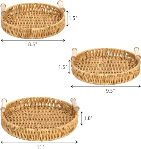 GIB Small Round Rattan Serving Trays with Handles, Decorative Woven Wicker Baskets Serving Trays for Coffee Table Decor, Bread, Fruit, Snacks, Set of 3 - color: Round - Set of 3