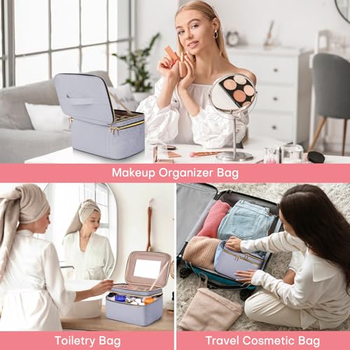 HXLGMD Large Makeup Bag with Mirror Double Layer Travel Make Up Organizer Case, Large Capacity Coemetic with Brush Slot Divider, Travel Toiletry Bag for Women (Grey) - color: Grey