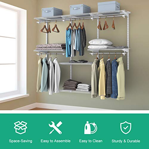 Tangkula 4 to 6 FT Custom Closet System, Wall Mounted With Hanging Rod, Metal Storage Organizer Rack Wardrobe With Shelves, Adjustable Kit for Bedroom - color: White, size: 4 to 6 FT