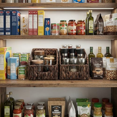 StorageWorks Pantry Baskets for Organizing, Water Hyacinth Storage Baskets for Shelves, Small basket with Built-in Handles, Pantry Organizers and Storage, Brown, Set of 2 - color: Dark Brown(Water Hyacinth), size: 2x 8½"L x 10"W x 7½"H