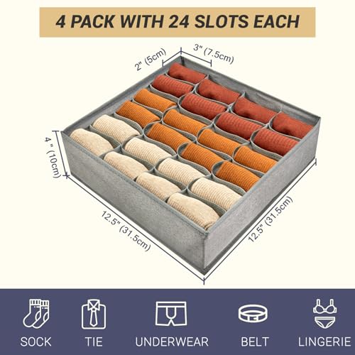 PINGMIC Gray Sock Organizer Divider 4 Pack - 24 Cell Foldable Closet Storage, Tie Organizer For Men Boxes for Socks, Ties, Belts - color: 4PCS
