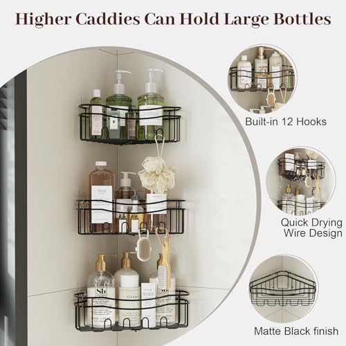 Black corner shower caddy with depth caddy and Built in 12 hooks rustproof wall mounted No drilling No marring adhesive bathtub corner storage for bathroom kitchen and laudry room - color: BLACK