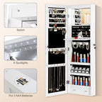 Mirror Jewelry Cabinet, Wall/Door Mounted Jewelry Armoire with Full-Length Mirror, Hanging Jewelry Organizer with LED Interior Lights, White