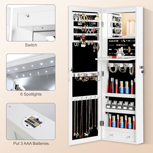 Mirror Jewelry Cabinet, Wall/Door Mounted Jewelry Armoire with Full-Length Mirror, Hanging Jewelry Organizer with LED Interior Lights, White