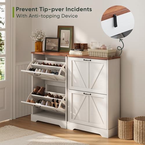 Smart FENDEE Shoe Cabinet, Shoe Storage Cabinet for Entryway with 2 Flip Drawers, Narrow Farmhouse Shoe Organizer Cabinet, Slim Shoe Rack Cabinet, White - color: White, size: Width - 23.6 inches