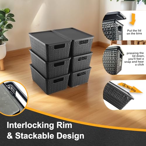 Storage Bins with Lids | Plastic Storage Baskets with Lids for Office Organization,Stackable Organizing Bins with Latching Design, Easy-Clean Boxes for Home, Office, Toys & Classroom Supplies, 6 packs - color: Black