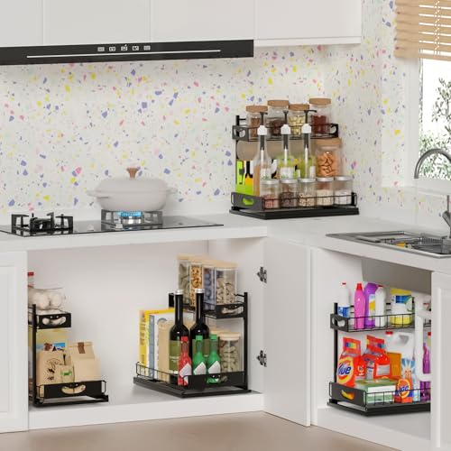 Under Sink Organizer with Pull-Out Drawers,Kitchen Sink Organizer,2 Tier Bathroom Organizers And Storage,Bathroom Accessories Set,Black 2 Pack - color: Black, size: A 2 Pack