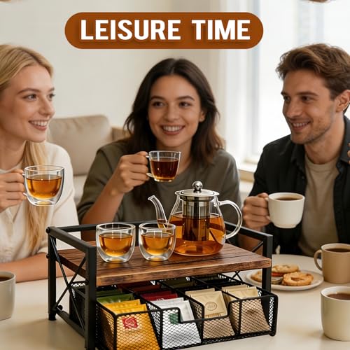 Tea Bag Organizer With Adjustable Drawer, Teabag Bar Holder Organizer For Counter, Wood ＆ Metal Station Storage Chest Display, Coffee Packet Containers Box For Countertop Kitchen Office Rustic Brown - color: Rustic Brown