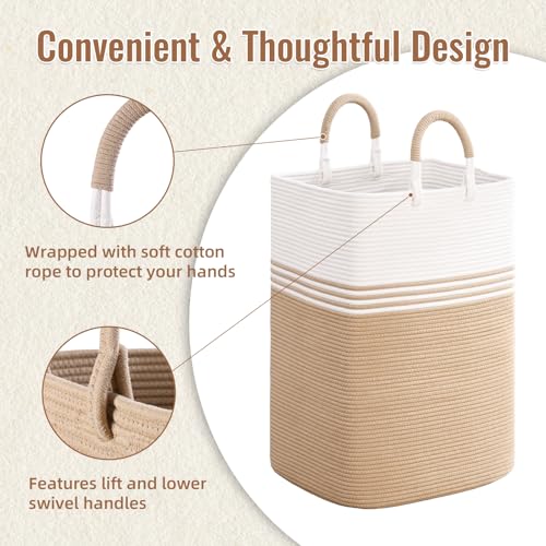Laundry Basket Hamper,Blanket Storage,Dirty Clothes Hamper with Swivel Handles,Woven Cotton Rope Toy Baskets,Blanket Basket Living Room,Decorative Hampers for Nursery,Bedroom,White & Brown,100L - color: White & Brown, size: 100L