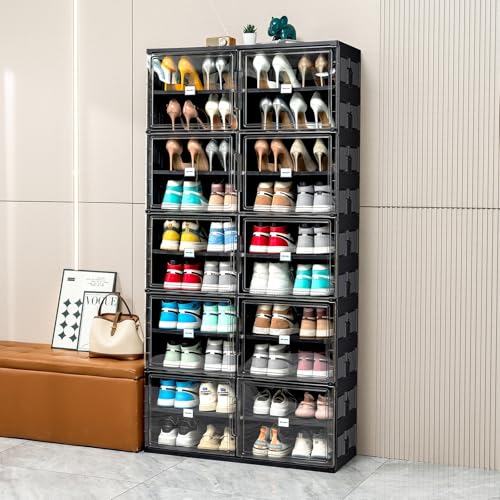 JEKO&JEKO 10 Tiers Foldable Shoe Rack Organizer Cabinet for Closet Entryway, Large Collapsible Shoe Storage Box with Magnetic Doors (Black) - color: Double-row, size: 10 Tiers