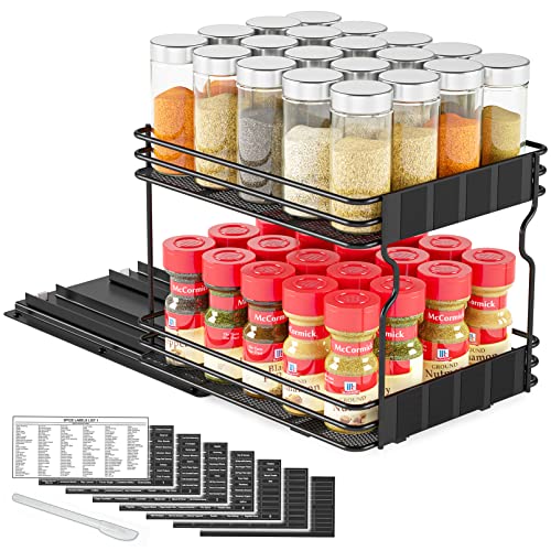 SpaceAid Pull Out Spice Rack Organizer for Cabinet, Heavy Duty Slide Out Seasoning Kitchen Organizer, Cabinet Organizer, with Labels, 8.5" W x10.75 D x8.5 H, 1 Drawer 2-Tier - style: 8.5" W, 2-Tier