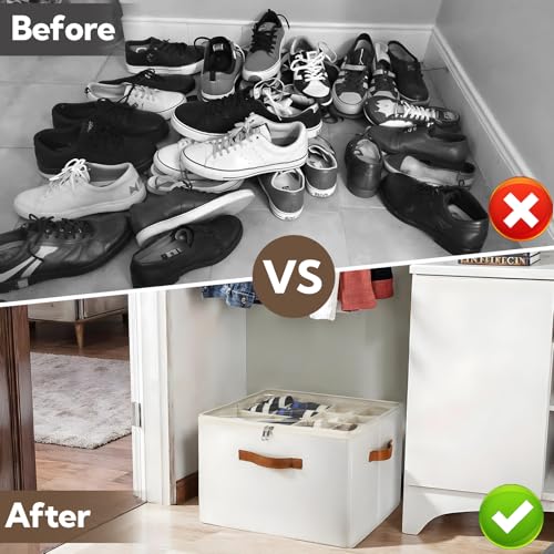 VZZNN 2 Pack Shoe Organizer for Closet, Foldable Shoe Storage Bins with Clear Cover and Adjustable Dividers, Fits up to 16 Pairs, Large Shoe Box Storage Containers with Reinforced Handles (Beige) - color: Beige