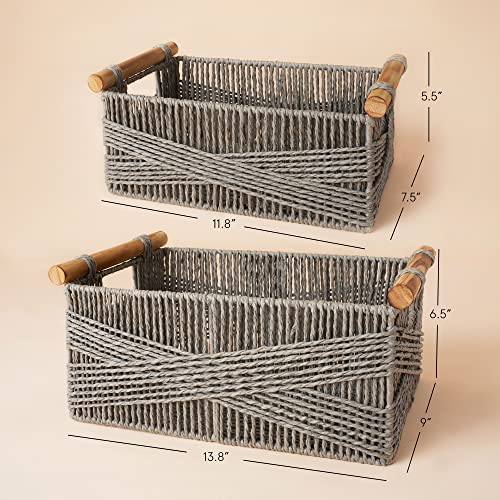LA JOLIE MUSE Wicker Storage Baskets for Organizing, Recyclable Paper Rope Basket with Wood Handles, Decorative Hand Woven Basket Organizers for Makeup Books Shelves Living Room, Grey, Set of 2 - color: Grey