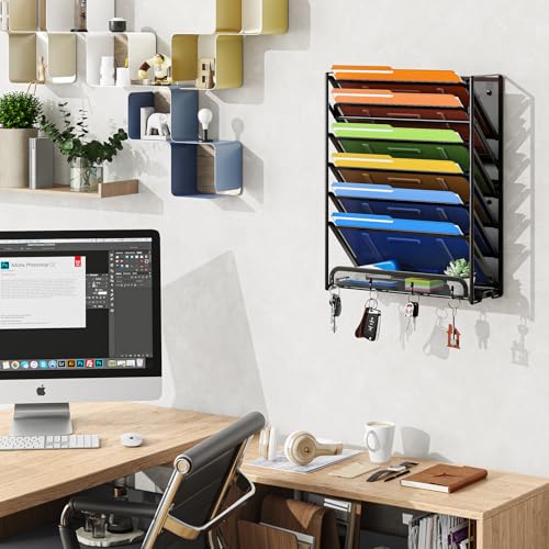 Ekisemio 7-Tier Wall File Organizer, Hanging Mesh File Holder with 4 Hooks, Sturdy Metal File Rack for Desk or Wall, Home Office Storage, Black