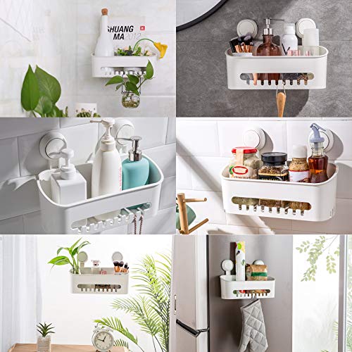TAILI Strong Vacuum Suction Cup Bath Corner Shower Caddy Storage Basket + 4 Extra Hooks, No Drill Bathroom Shelves for Kitchen Bedroom Organizer Set, White in Plastic - style: 6 pack