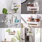 TAILI Strong Vacuum Suction Cup Bath Corner Shower Caddy Storage Basket + 4 Extra Hooks, No Drill Bathroom Shelves for Kitchen Bedroom Organizer Set, White in Plastic - style: 6 pack