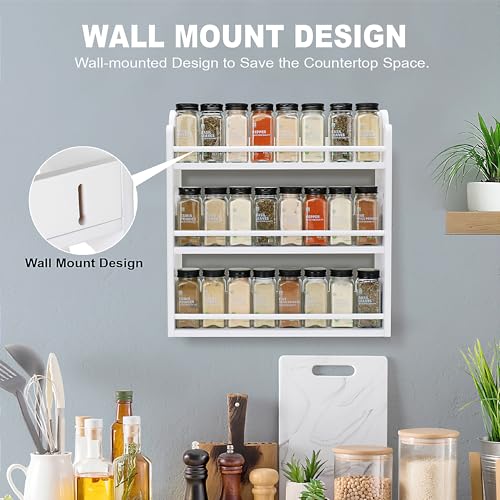 3 Tier Bamboo Spice Rack, Spice Rack Organizer, Seasoning Jars Rack Shelf Spice Organizer for Kitchen Counter or Wall Mounting, Spice Storage Holder with handles, Jars Not Included, White - color: White with Handles