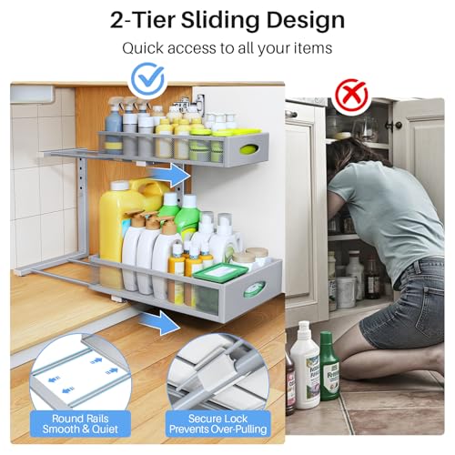 Under Sink Organizer, 2 Pack 2 Tier Pull Out Under Cabinet Organizer Shelf with Pad for Framed Cabinets, Metal Slide Out Under Sink Storage, Mesh Sliding Drawers for Kitchen Bathroom Laundry, Grey - color: Grey, size: 2-Pack