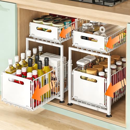 Under Sink Organizer, 2-Tier Multi-Use Kitchen and Bathroom Organizers and Storage, Slide Out Thickened Metal Under The Sink Organizer for Kitchen Bathroom Pantry (Style A White, 2 Pack) - color: Style A White, size: 2 Pack