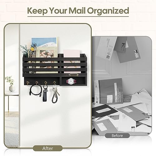 FifthQuarter Key Holder for Wall: Easy Mounted Key Rack and Mail Organizer with Store Shelf and Four Sturdy Keys Hooks Decor in Kitchen|Farmhouse|Entryway|Mudroom (Black) - color: C-Black