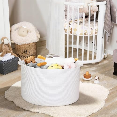 MEGASKET White Cotton Rope Storage Basket, 22" X 22" X 14" Extra Large Blanket Storage Living Room, XL Soft Toy Bin for Organizing, Woven Baby Laundry Basket with Handle, White Wicker Hamper Nursery - color: White, size: 22"x22"x14"