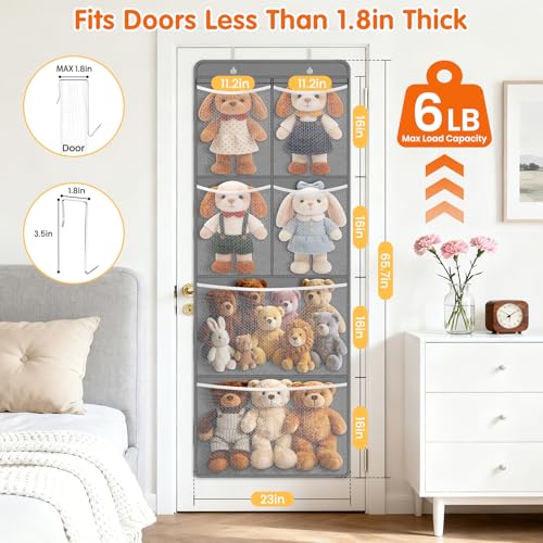 SpaceHacks Stuffed Animal Storage - Large Over the Door Organizer with 6 Expandable Mesh Pockets & Metal Hooks, Non-Woven Fabric Hanging Plush Items Holder for Nursery, Bedroom, Playroom (Gray) - color: Grey