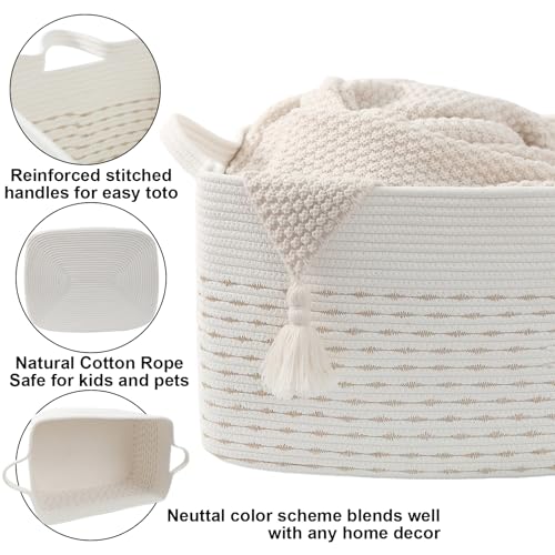 Large Blanket Basket,Woven Rope Basket Storage Bin with Handles,65L Rectangle Laundry Basket for Magazines,Toys,Clothes,Newspaper Shelf Organization,Nursery and Living Room,White&Yellow - color: White & Yellow, size: 21"x16"x12"(65L)