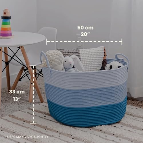OrganiHaus Large Woven Storage Basket for Blankets and Toys 20" x 13" Inch, Rope Laundry Basket with Handles, Cushions & Pillows Storage Bin, Nursery Hamper, Soft Round Dog Toy Bin - Blue - color: 3-toned Blue, size: Wide