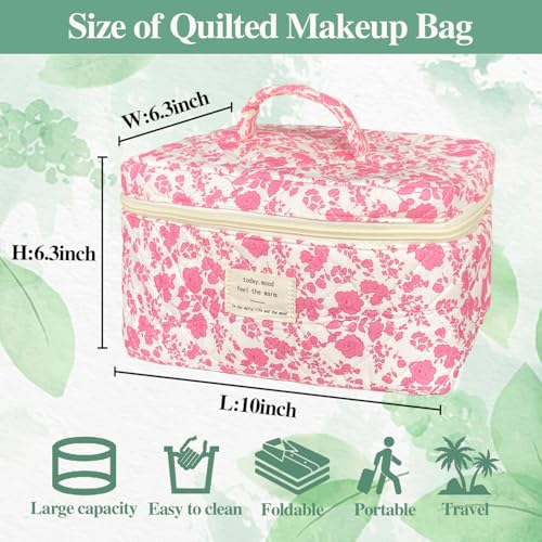 Pink Large Quilted Floral Makeup Bag Cute Soft Coquette Aesthetic Cosmetic Bag Cotton Travel Toiletry Bag for Women - color: A-Pink