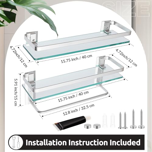 Suzile Set of 2 Glass Bathroom Shelves with Bar, Wall Mounted 15.7 x 4.7 Inches, Bathroom Shelves Hanging Modern Floating Shelf Metal Stick Room Rustproof Organizer Decorative(Silver) - color: As Shown in Picture
