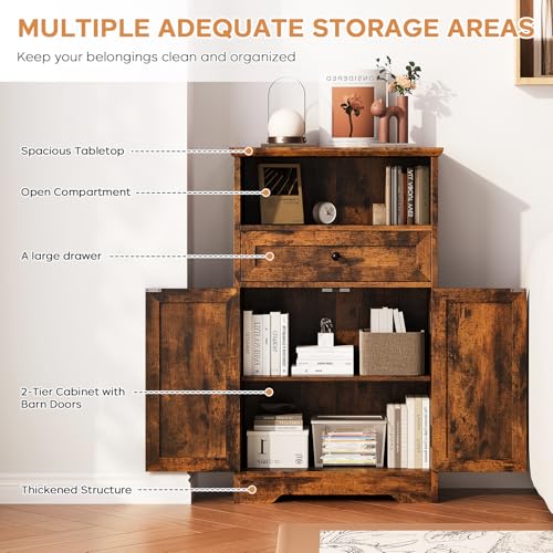 Floor Cabinet, Farmhouse Storage Cabinet with Barn Doors and Drawer, Freestanding Adjustable Shelf Organizer for Bathroom, Kitchen, Living Room Rustic Brown - color: Rustic Brown, size: 39.4"H x 23.6"W x 11.8"D