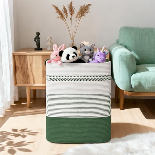 Laundry Hamper, 95L Tall Laundry Basket with Leather Handles, Rectangle Large Clothes Hamper for Organizing, Cotton Woven Laundry Baskets Storage Hampers for Bedroom, Nursery, Living Room - color: Green, size: 95L